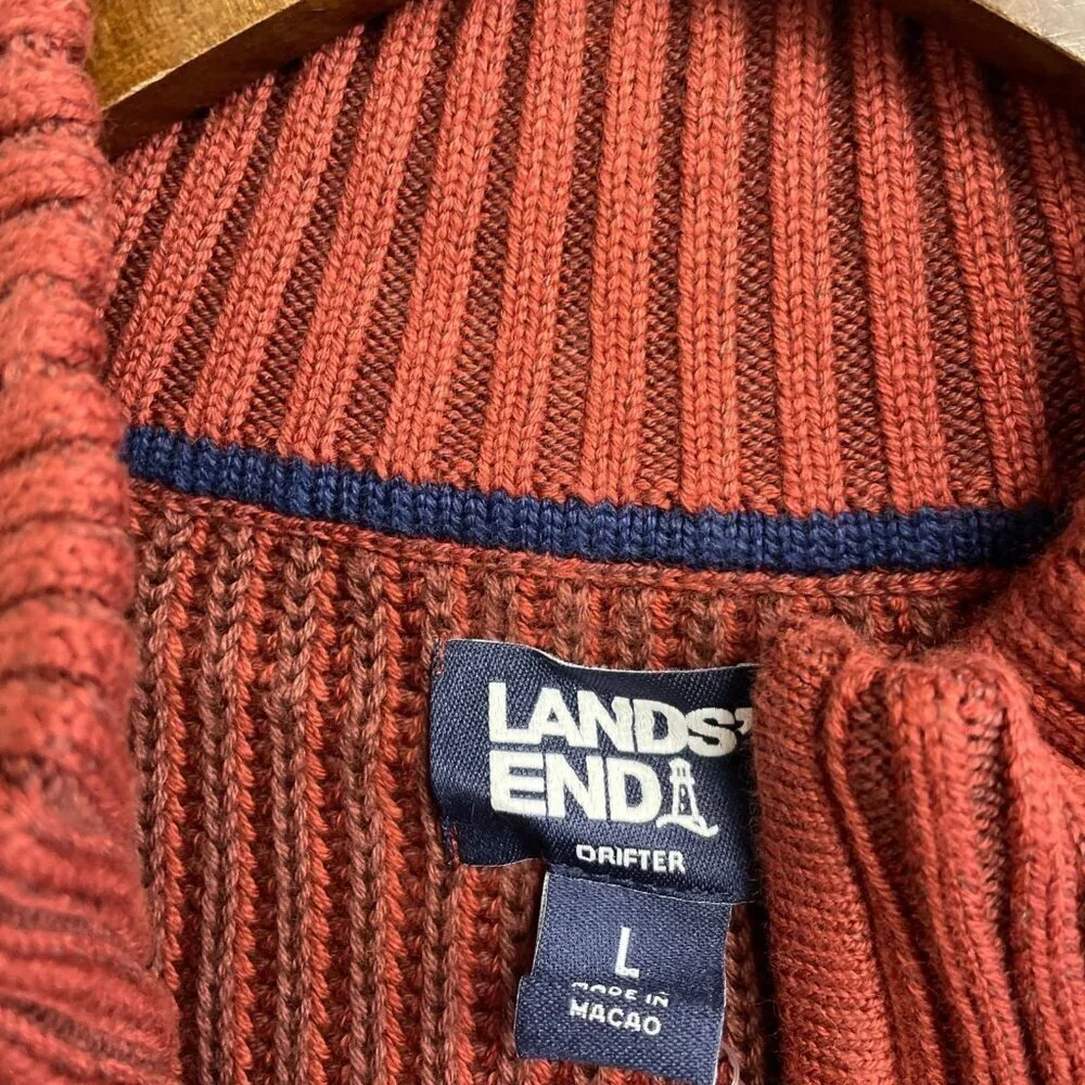 NEW Lands' End Drifter Men's L 1/4 Zip Ribbed Sweater Rust Red 100% Cotton